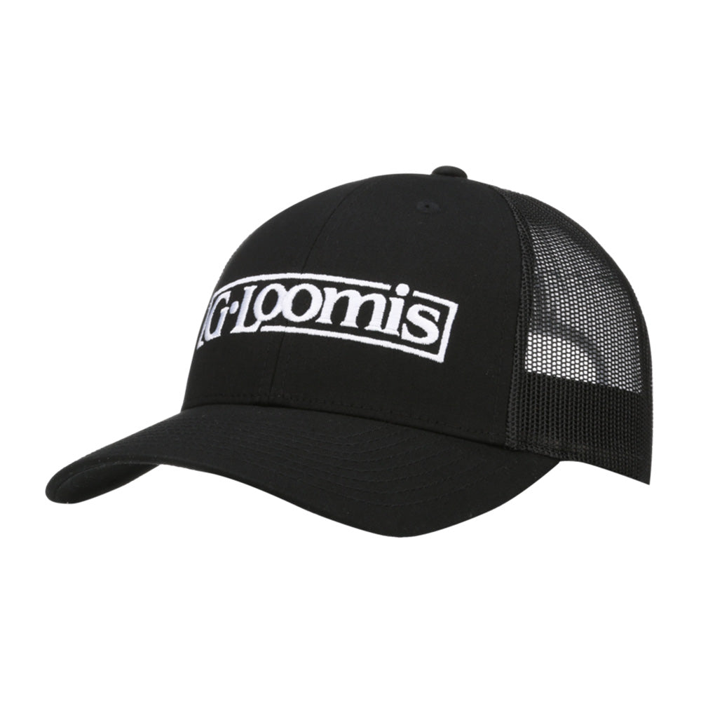 The G. Loomis Low Pro Cap is a black trucker hat with a curved brim, mesh back, white embroidered "G. Loomis" logo on the front, and an adjustable snapback for a custom fit.