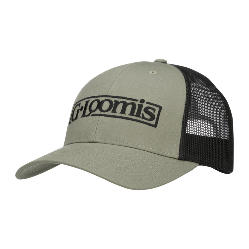 The G. Loomis Low Pro Cap by G. Loomis is a khaki and black trucker hat with a mesh back, adjustable snapback, and bold "G. Loomis" logo on the front.