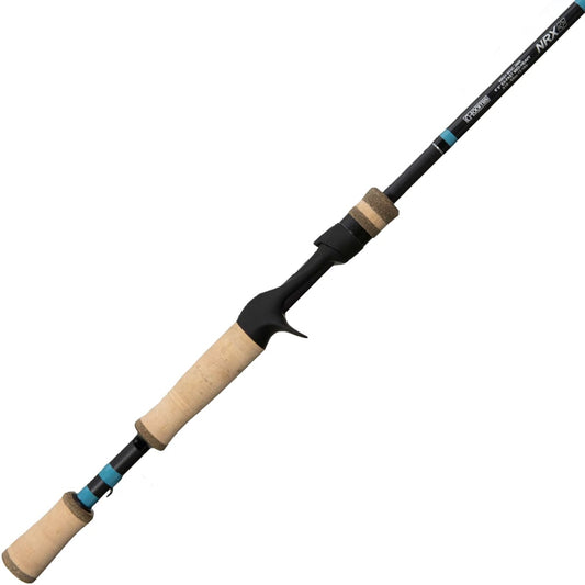 A black and tan G. Loomis NRX+ Jig & Worm Casting Rod 803C JWR 6'8" Medium Heavy with a cork handle and reel seat, labeled "NRX+" near the top, from the brand G. Loomis (model 12843-01).