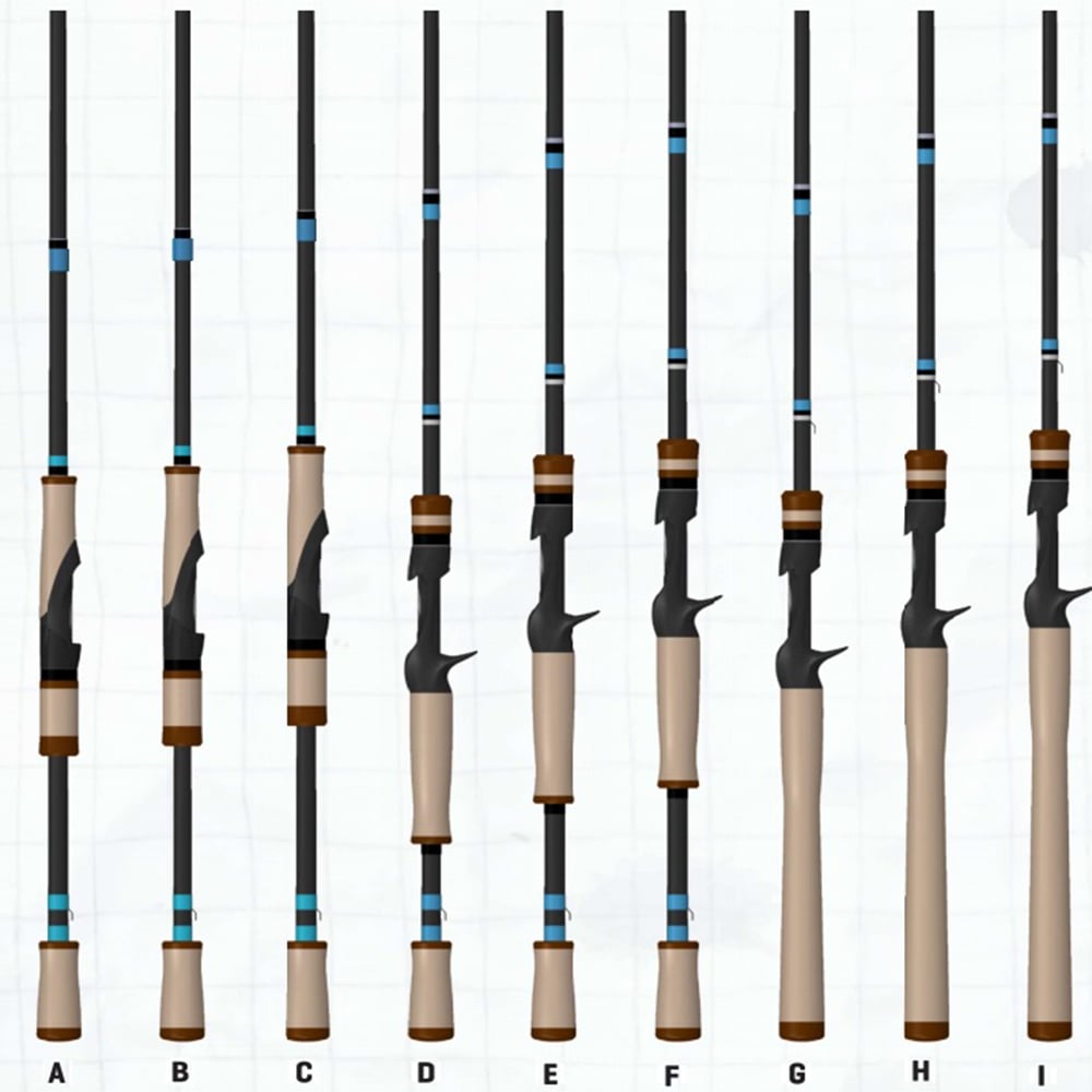 Illustration of nine G. Loomis NRX+ Ned Rig Spinning Rods, each with varied handle designs in black, brown, and beige with blue accents. Perfect for bass anglers, these 6'10" medium-light rods feature diverse grip styles and reel seat configurations enhanced by Spiral X technology.