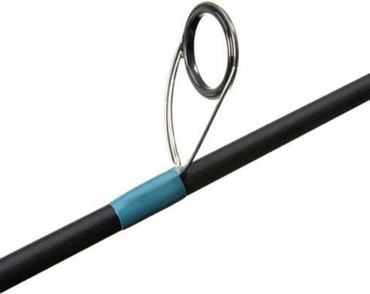 Close-up of a G. Loomis NRX+ Jig & Worm Spinning Rod 802S JWR 6'8" Medium (12850-01) guide, showing the metal loop and support attached to the rod with a blue band.