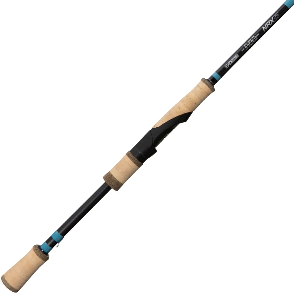 The G. Loomis NRX+ Jig & Worm Spinning Rod 803S JWR 6'8" Medium Heavy, with a black and blue shaft and cork handle grips, offers a modern design enhanced by Spiral X technology. Ideal for discerning bass anglers, its specifications are elegantly printed near the handle.
