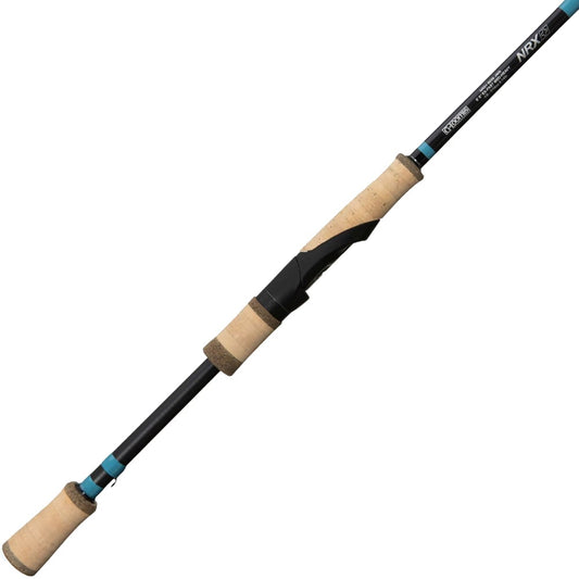 The G. Loomis NRX+ Spin Jig Spinning Rod 782S SJR 6'6" Medium features a sleek black design with cork handle, blue accent rings, and a visible reel seat—perfect for bass fishing enthusiasts seeking premium quality.