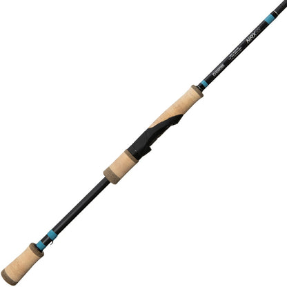 The G. Loomis NRX+ Spin Jig Spinning Rod 843S SJR 7'0" Medium Heavy features black finish, cork handles, blue accents, and a central reel seat. Lightweight and perfect for bass fishing, it delivers the renowned G. Loomis performance.