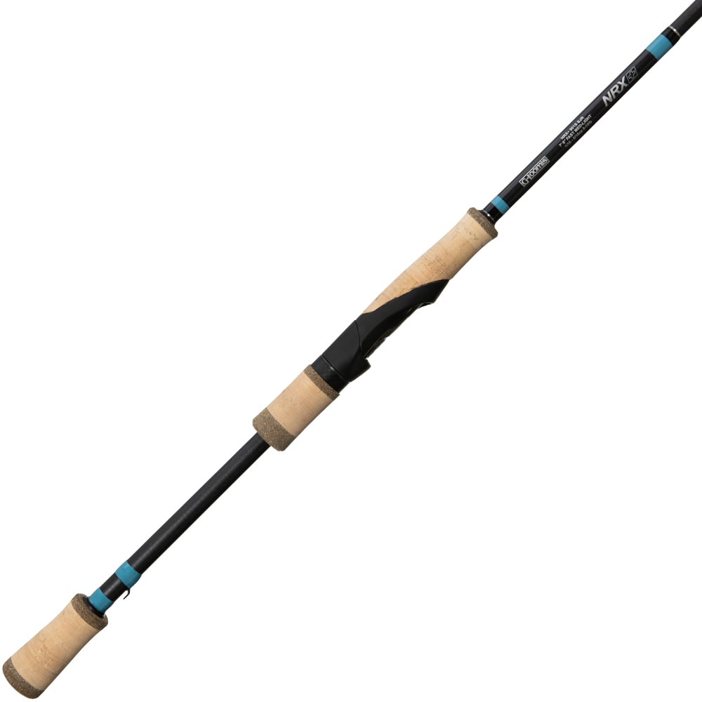 The G. Loomis NRX+ Shaky Head Spinning Rod 822S SYR 6'10" Mag Medium features cork handles, blue accents, a black reel seat, and displays branding and model details near the handle against a white background.