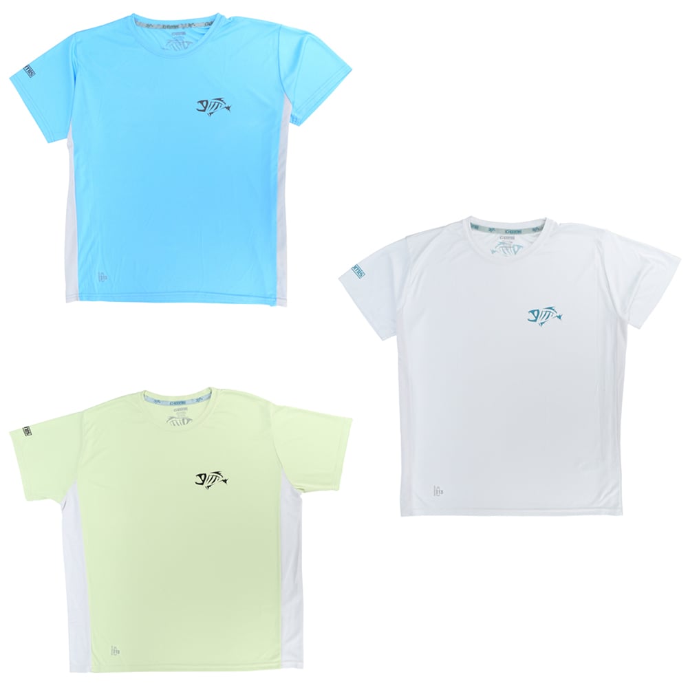 Three G. Loomis Short Sleeve Tech Tees in pastel blue, pale yellow, and white—crafted from recycled polyester with UPF 50 protection and a small chest fish logo—are arranged on a white background.