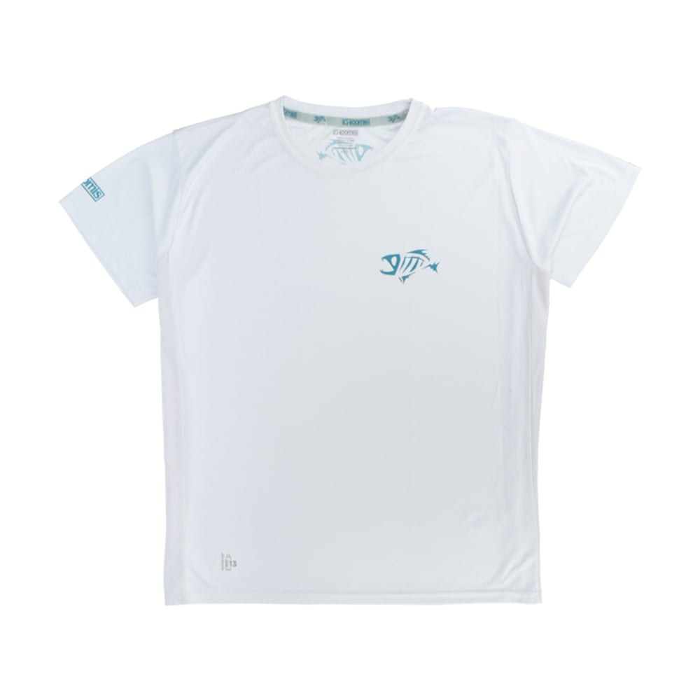 The G. Loomis Short Sleeve Tech Tee is a plain white shirt with a small blue fish graphic on the left chest and blue logo text on the sleeve. Made from recycled polyester, it offers UPF 50 sun protection and a classic crew neck athletic fit.