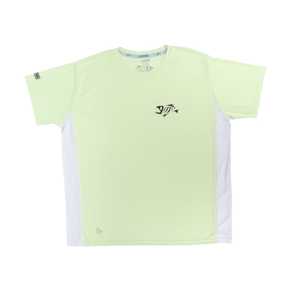 The G. Loomis Short Sleeve Tech Tee is a light yellow sports t-shirt with white side panels and a small black fish logo on the left chest. Made from recycled polyester with UPF 50, it’s shown laid flat on a white background.