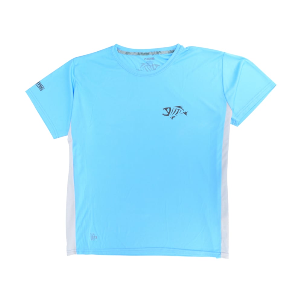 The G. Loomis Short Sleeve Tech Tee is a light blue shirt with white side panels and a small black fish graphic, made from lightweight recycled polyester. This UPF 50 tee by G. Loomis delivers style, breathability, and sun protection for active days.