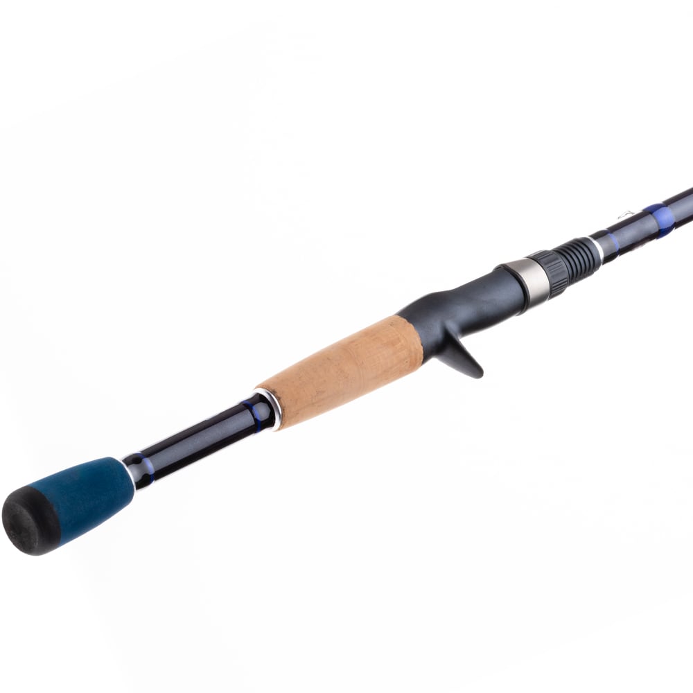 A close-up of the Halo Crankin' Series II Casting Rod 7'0" Medium Heavy by Halo, featuring a cork handle, blue butt cap, and black reel seat against a white background.