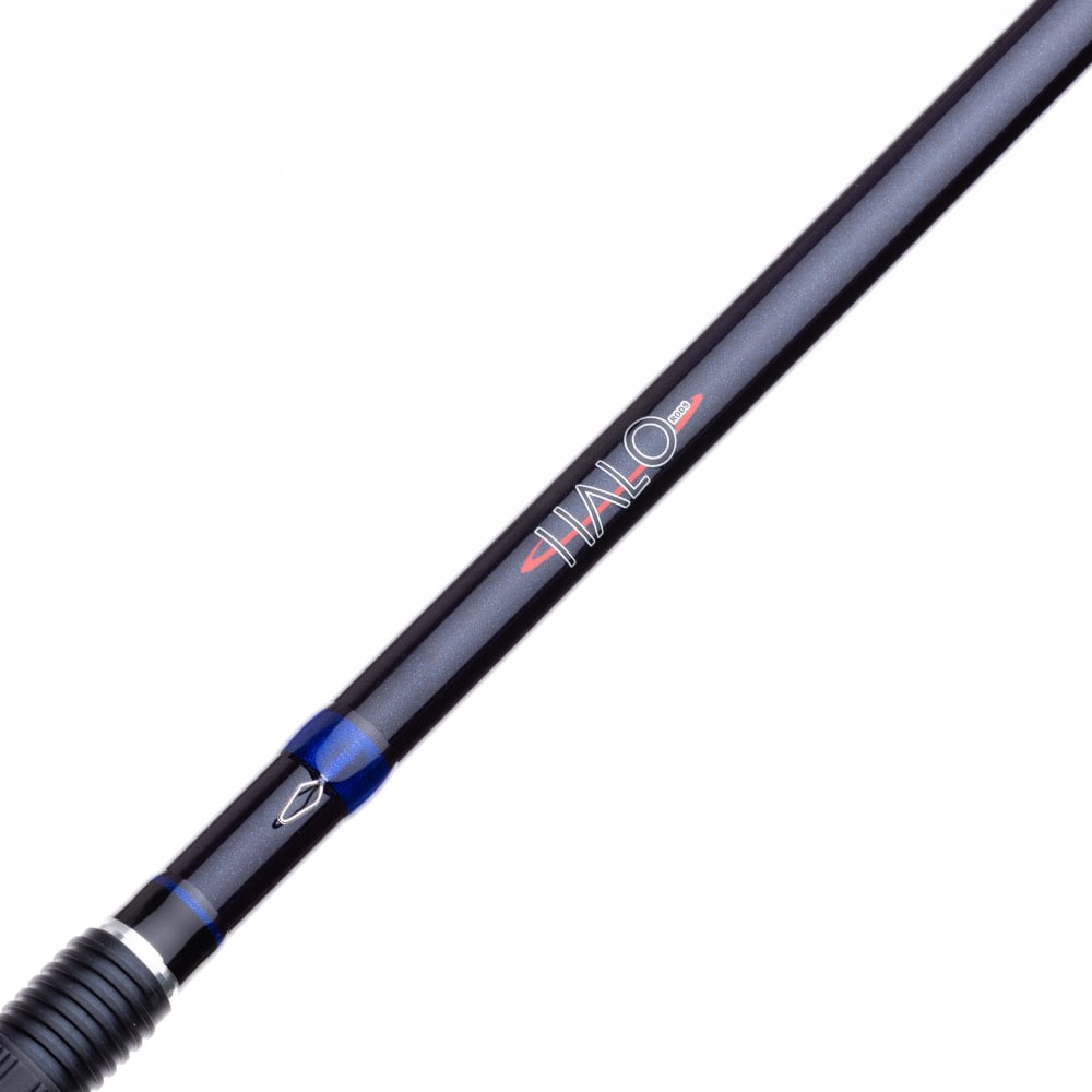 A close-up of the Halo Crankin' Series II Casting Rod 7'0" Medium Heavy shows “HALO” in silver and red on the shaft, with blue accent rings and grip detail.