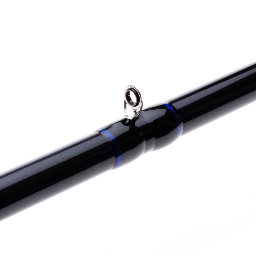 Close-up of the Halo Crankin' Series II Casting Rod 7'0" Medium Heavy (HFCS270MHC) by Halo, in black with blue accents and featuring a single metal line guide, set against a plain white background.