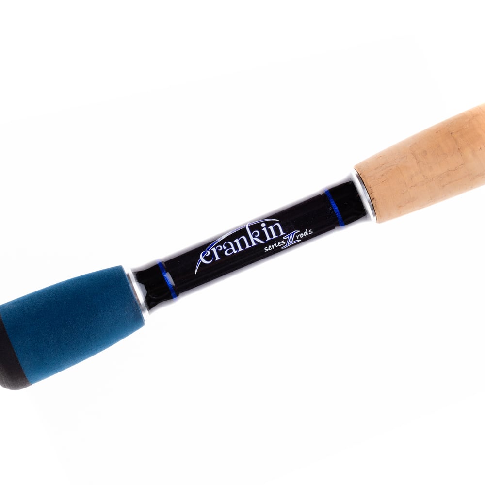 Close-up of the Halo Crankin' Series II Casting Rod 7'0" Medium Heavy by Halo, featuring a blue and black foam grip on one end and a light cork grip on the other—perfect for crankbait anglers.