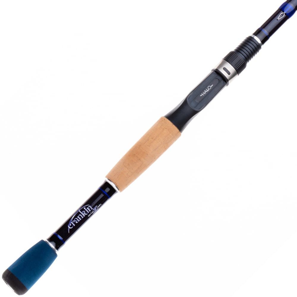 A close-up of the Halo Crankin' Series II Casting Rod 7'0" Medium Heavy by Halo shows its blue and black grip, cork middle section, and metal reel seat.