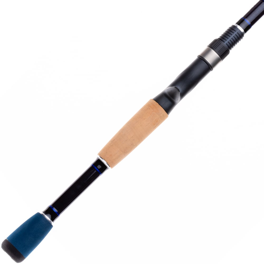 Close-up of the Halo Crankin' Series II Casting Rod 7'0" Medium Heavy by Halo, showing its cork grip, black reel seat, and blue-and-black foam end cap against a white background.