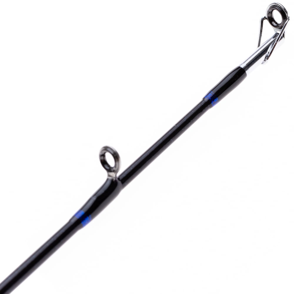 Close-up of the tip of a Halo Crankin' Series II Casting Rod 7'0" Medium Heavy (HFCS270MHC) by Halo, featuring three metal line guides, shown against a white background.