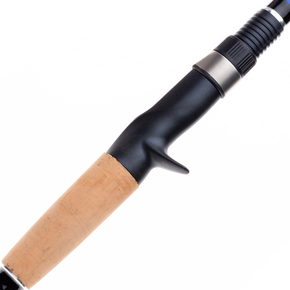Close-up of a Halo Crankin' Series II Casting Rod 7'0" Medium Heavy handle featuring a cork grip, black trigger grip, and metal reel seat. Brand: Halo. Model: HFCS270MHC.