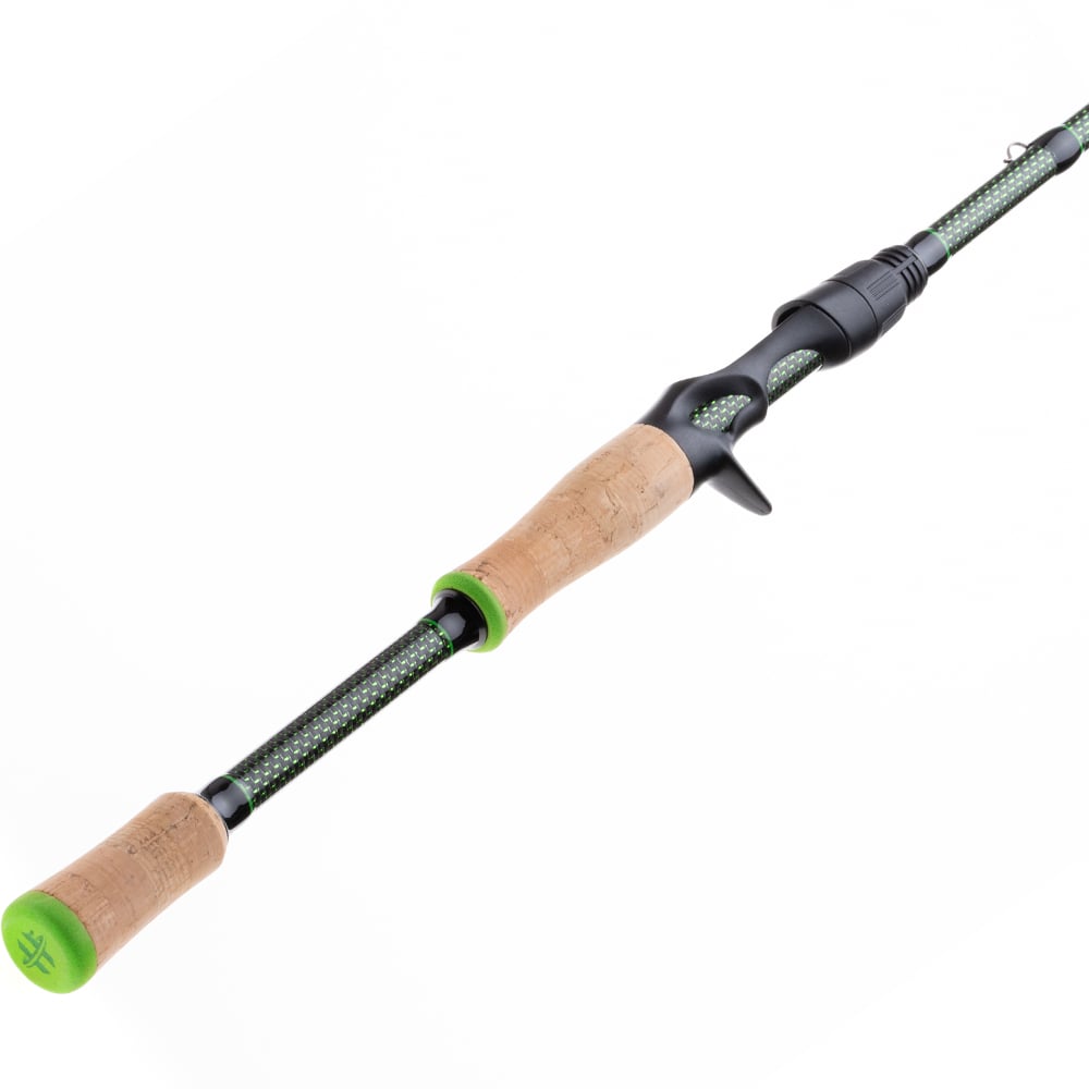 The Halo KS II Elite Casting Rod 7'5" Heavy by Halo features cork handles, green accents, a textured black and green Japanese Nano carbon fiber shaft, and a black reel seat, shown diagonally on a white background.