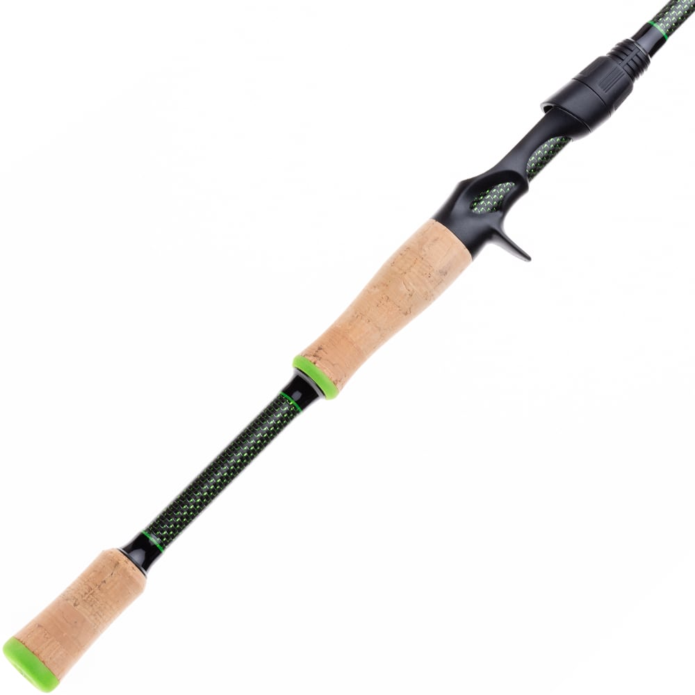 A close-up of the Halo KS II Elite Casting Rod 7'2" Medium Heavy by Halo, featuring cork handles, a black and green Japanese Nano carbon fiber shaft, stainless-steel guides, and a black reel seat, set against a white background.