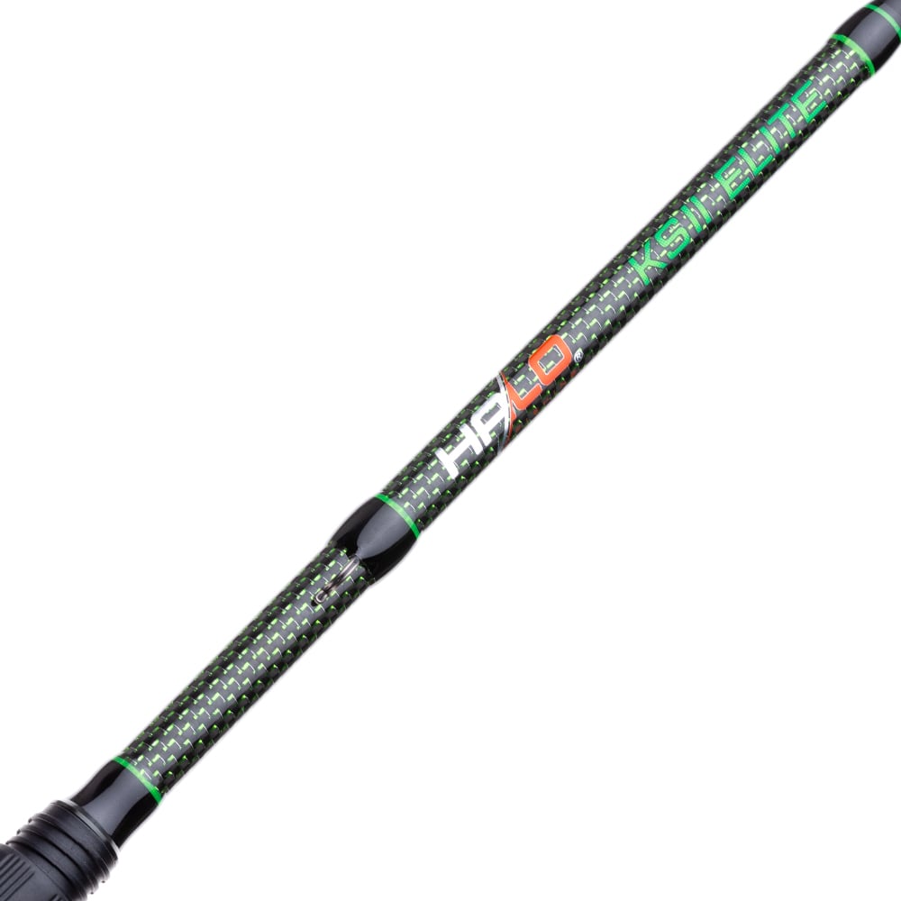 A close-up of the Halo KS II Elite Casting Rod 7'2" Medium Heavy by Halo shows its black and green textured handle made with Japanese Nano carbon fiber, plus "HALO" and "KSII ELITE" printed in white, green, and orange.