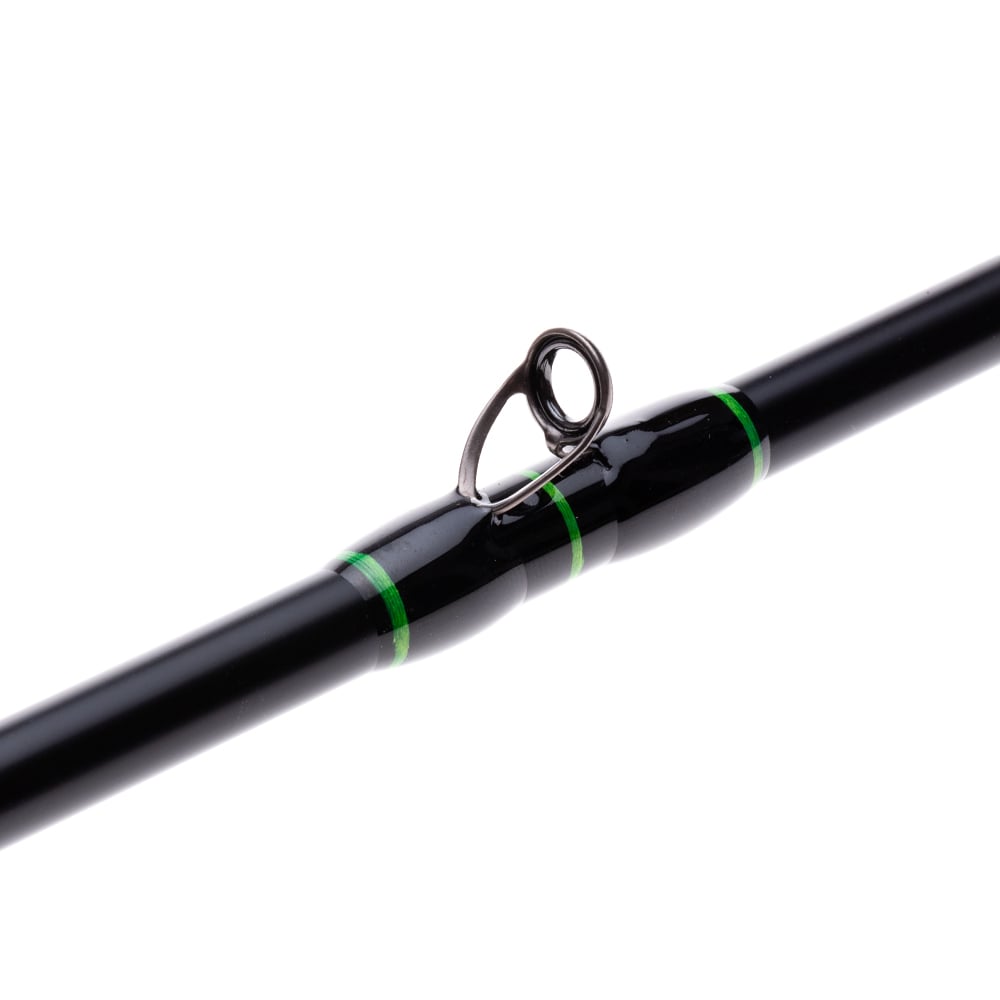 Close-up of the Halo KS II Elite Casting Rod 7'2" Medium Heavy by Halo, featuring green accents and Japanese Nano carbon fiber, highlighting a single stainless-steel guide against a white background.