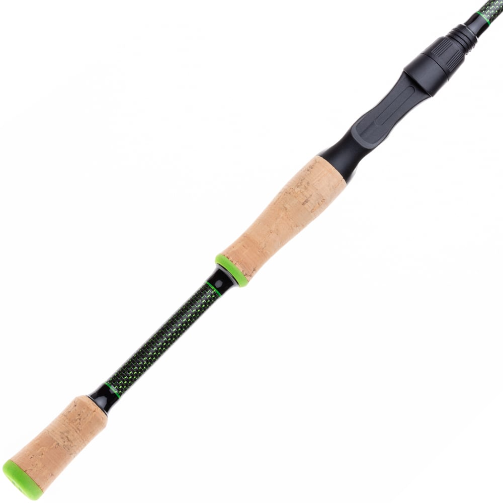 A close-up of the Halo KS II Elite Casting Rod 7'2" Medium Heavy by Halo, showing cork grips, a black and green Japanese Nano carbon fiber rod, and a black reel seat with green accents.