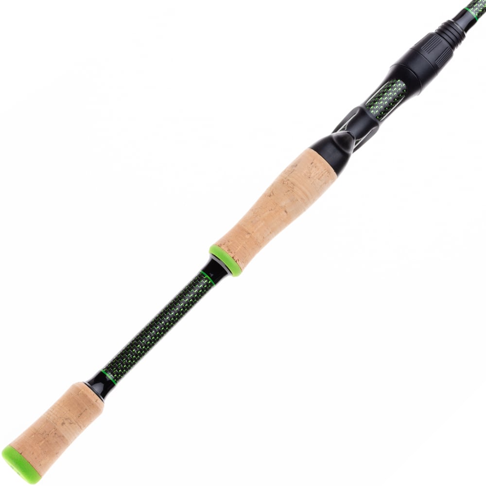 A close-up of the Halo KS II Elite Casting Rod 7'2" Medium Heavy (HFKSII72MHC) by Halo showcases its cork grips, green accents, and the textured black and green Japanese Nano carbon fiber shaft.