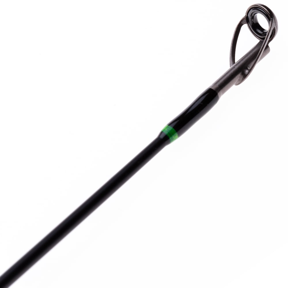 Close-up of the Halo KS II Elite Casting Rod 7'5" Heavy by Halo, showing its black guide ring with a green accent, made from Japanese Nano carbon fiber, set against a white background.