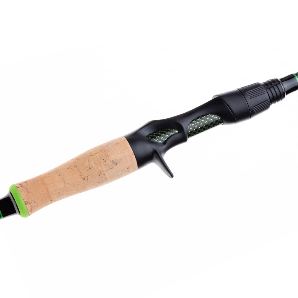 A close-up of the Halo KS II Elite Casting Rod 7'2" Medium Heavy handle, featuring a cork grip, black reel seat, green accents, and durable stainless-steel guides.