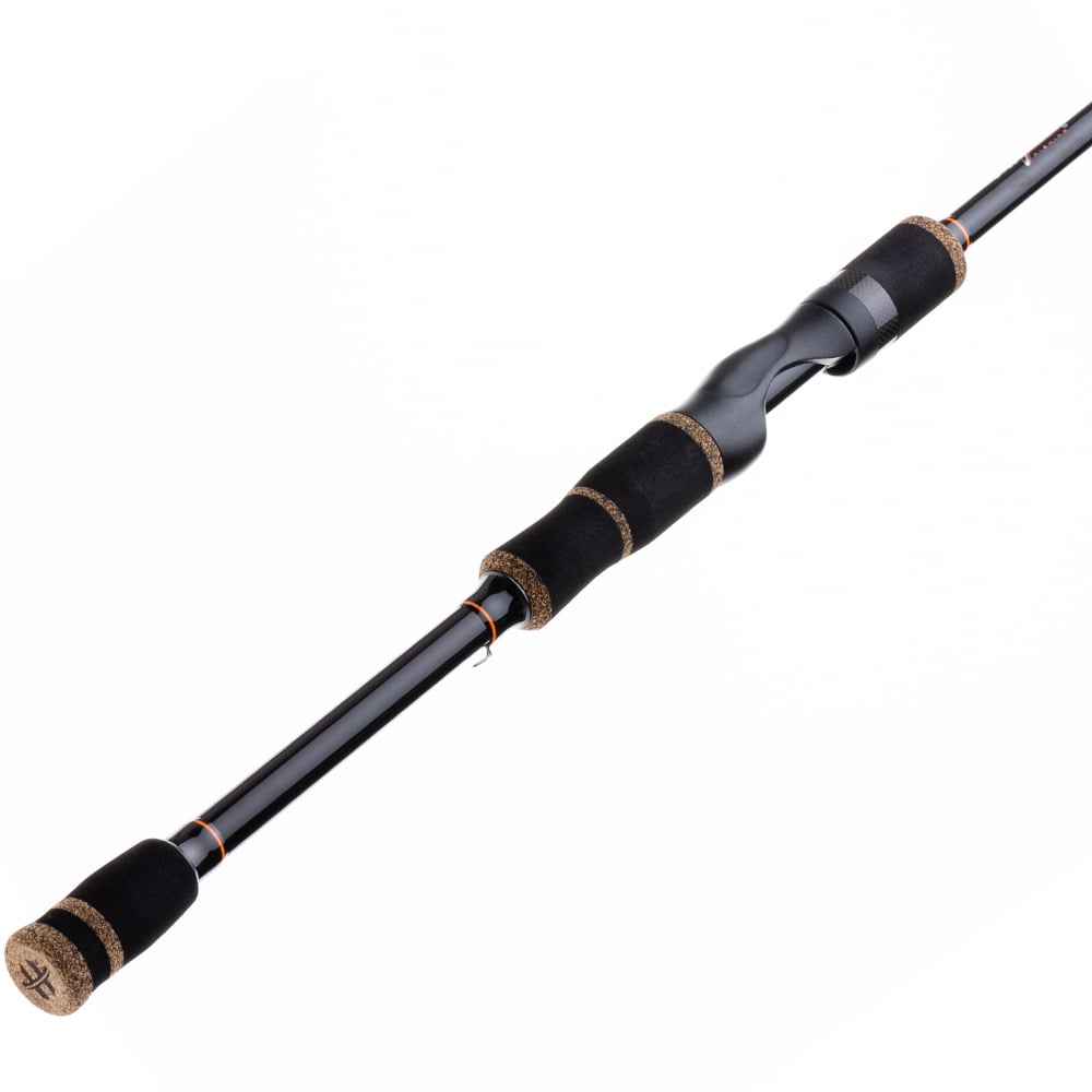A close-up of the Halo XD III Pro Spinning Rod 7'0" Medium handle shows black cork and foam grips with an ergonomic design—perfect for anglers wanting a premium tournament rod. Model: HFXDIII7MS by Halo.