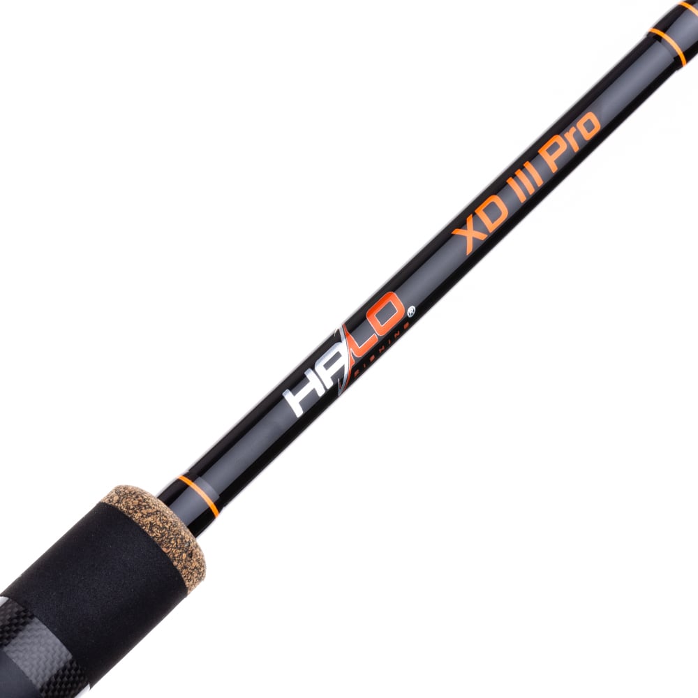 Close-up of a Halo XD III Pro Spinning Rod 7'0" Medium by Halo, favored by tournament anglers. "HALO XD III Pro" appears in orange and white on the shaft, and the handle features a comfortable cork grip. Model: HFXDIII7MS.
