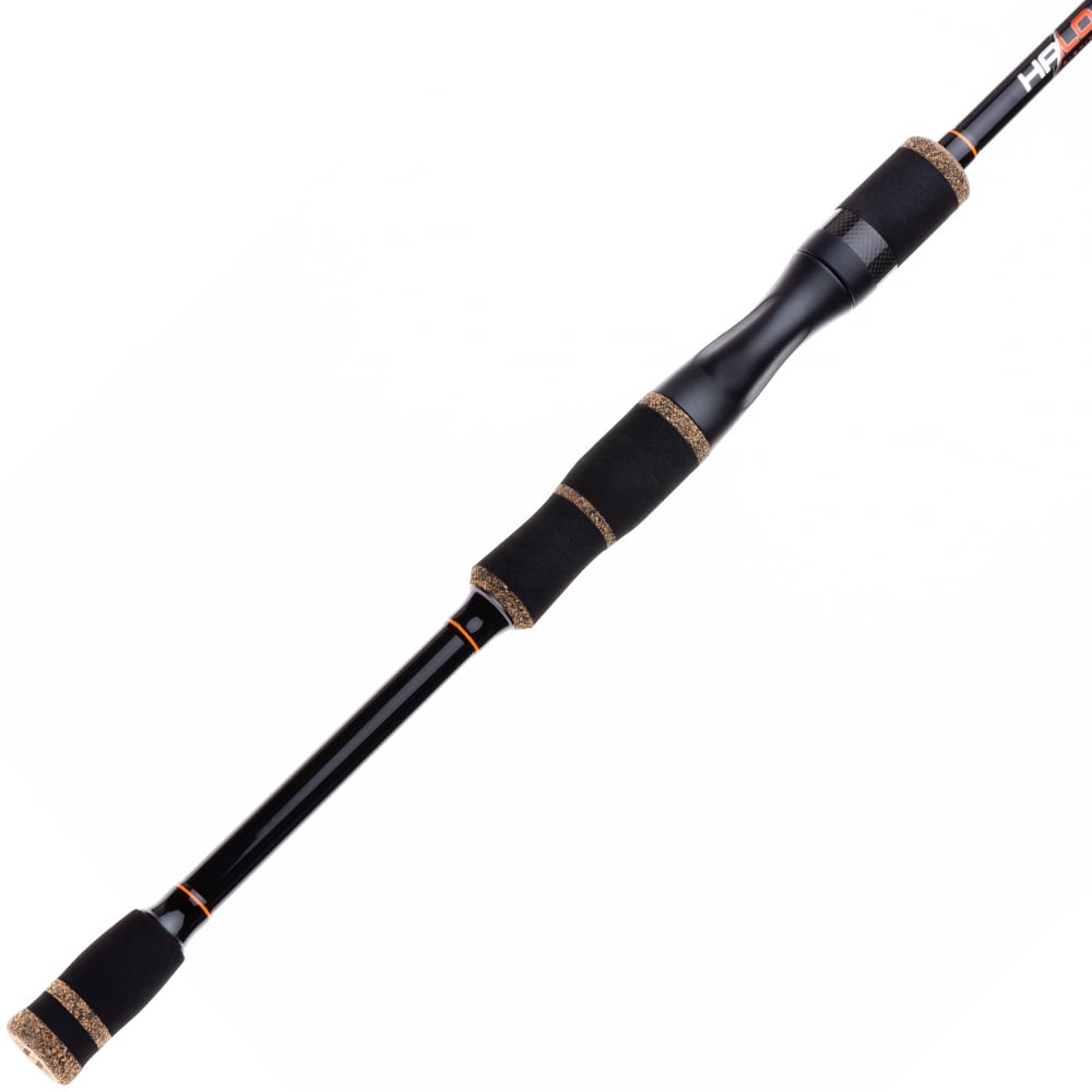 The Halo XD III Pro Spinning Rod 7'0" Medium (HFXDIII7MS) by Halo features black foam and cork grips with orange accent rings and is photographed on a white background—an excellent addition to any tournament fishing rod collection.