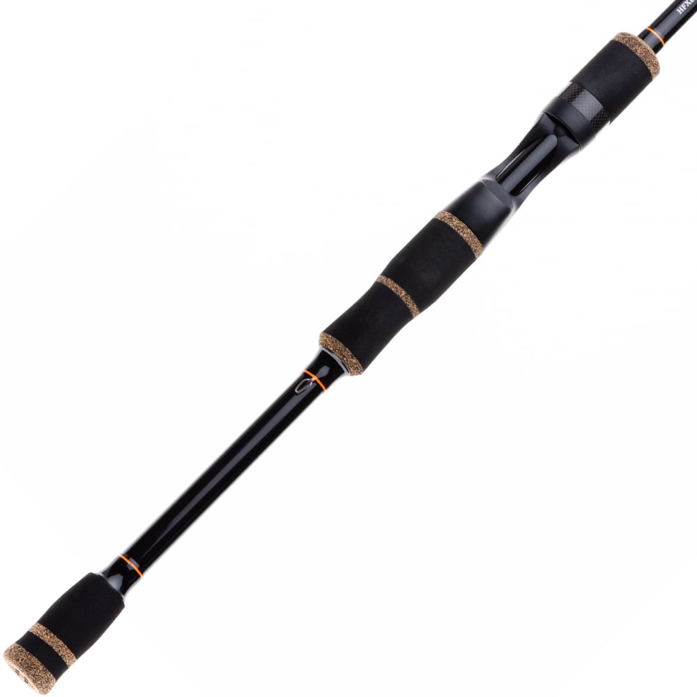 The Halo XD III Pro Spinning Rod 7'0" Medium (HFXDIII7MS) features cork accents, foam grips, and a reel seat in a sleek black finish—ideal for tournament anglers and shown on a white background.
