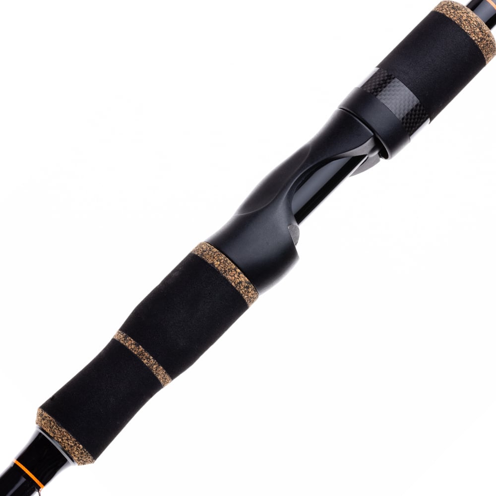 Close-up of the Halo XD III Pro Spinning Rod 7'0" Medium by Halo, model HFXDIII7MS, showing its black foam grips, cork accents, and reel seat in a sleek modern design against a white background.