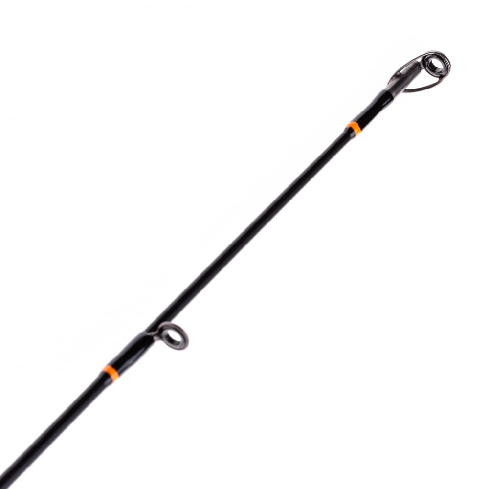 A close-up of the tip of the Halo XD III Pro Spinning Rod 7'0" Medium by Halo, model HFXDIII7MS, highlights two line guides and orange accents against a white background.