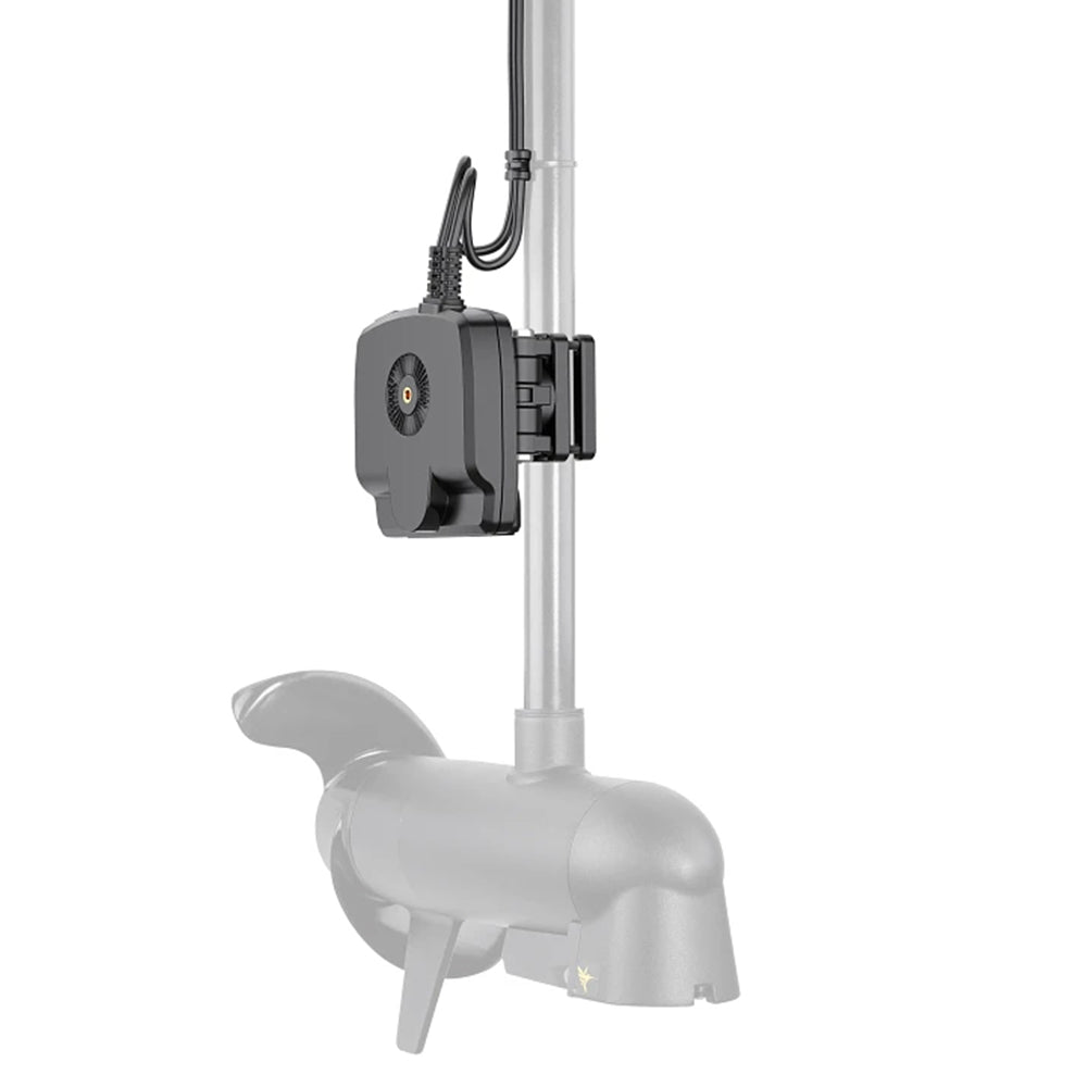 A Humminbird Mega Live 2 Forward Facing Sonar (710310-1) electronic device is mounted on a vertical metal pole above a partially visible gray propeller motor, connected by a black cable and appearing to function as a sensor.