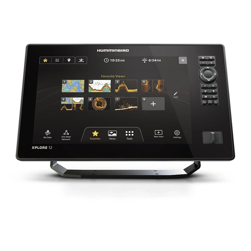 The Humminbird Xplore Fishfinder features a large touchscreen with LakeMaster maps, MEGA Live 2 sonar views, and control icons, plus right-side buttons and dial for easy navigation. Brand: Humminbird.