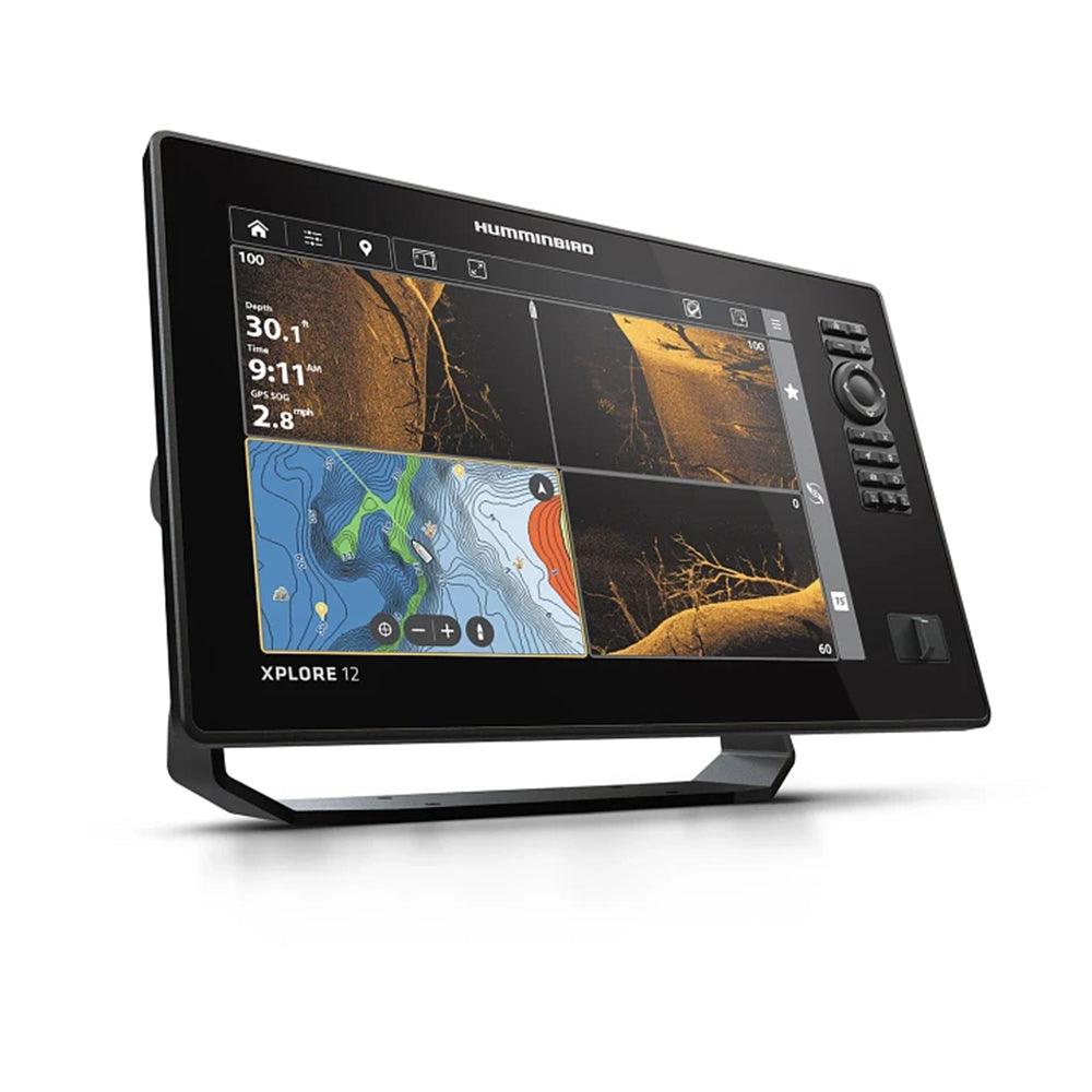 The Humminbird Xplore Fishfinder displays water depth, coordinates, and underwater topography with vivid MEGA Live 2 sonar and CoastMaster charts. Securely mounted on a stand, it’s a feature-packed device from Humminbird.