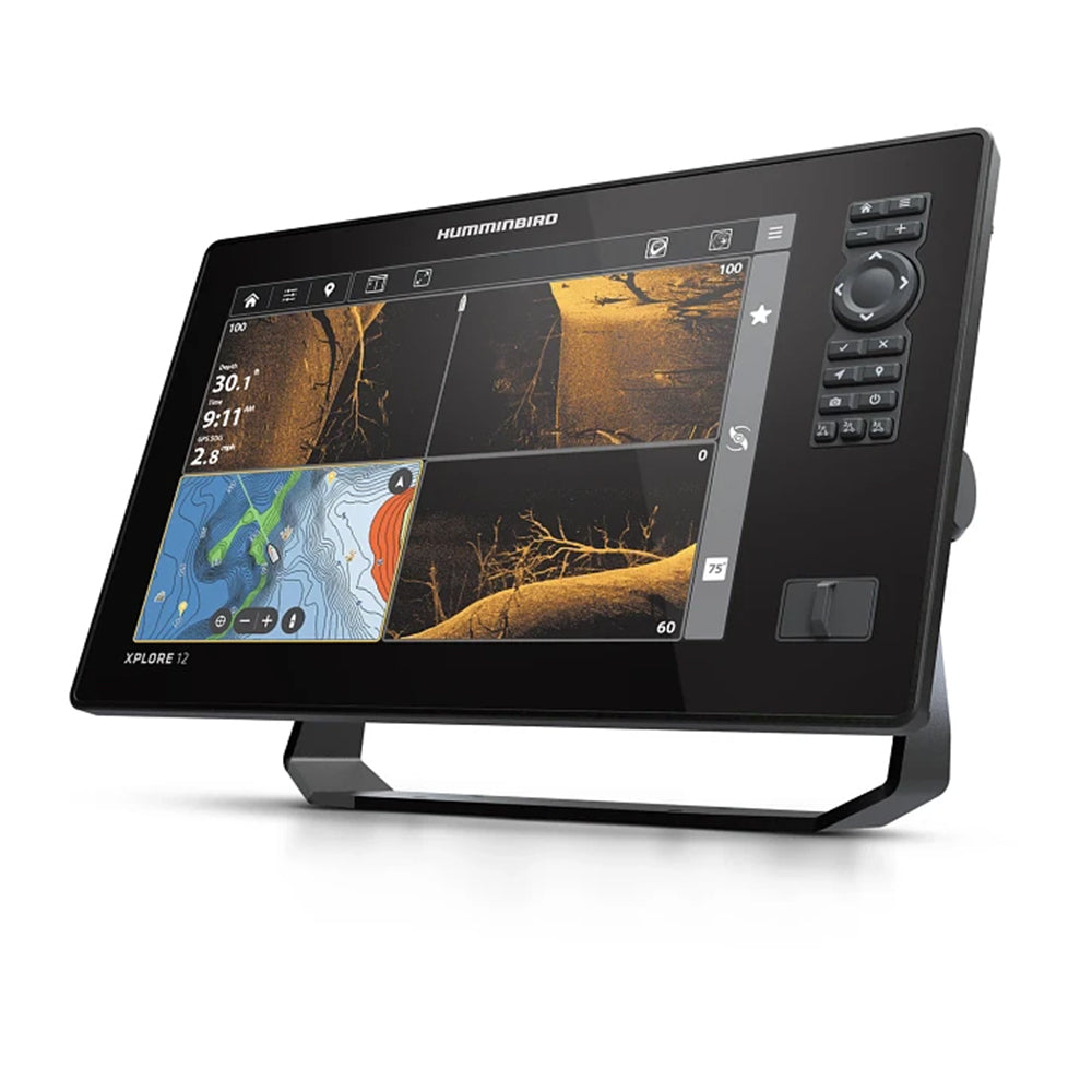 The Humminbird Xplore Fishfinder features a large display with sonar, MEGA Live 2 sonar, underwater imaging, map views including LakeMaster charts, plus a right-side control panel and buttons.