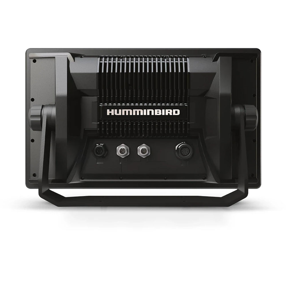 Rear view of a black Humminbird Xplore Fishfinder with vents, two ports, and a bottom handle—compatible with LakeMaster and CoastMaster charts for advanced mapping.