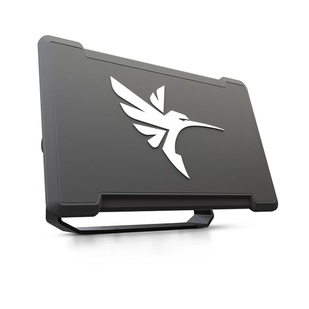 The Humminbird Xplore Fishfinder is a sleek, black rectangular device with rounded corners and a white hummingbird logo on the front. It features a built-in stand that props it up at an angle.