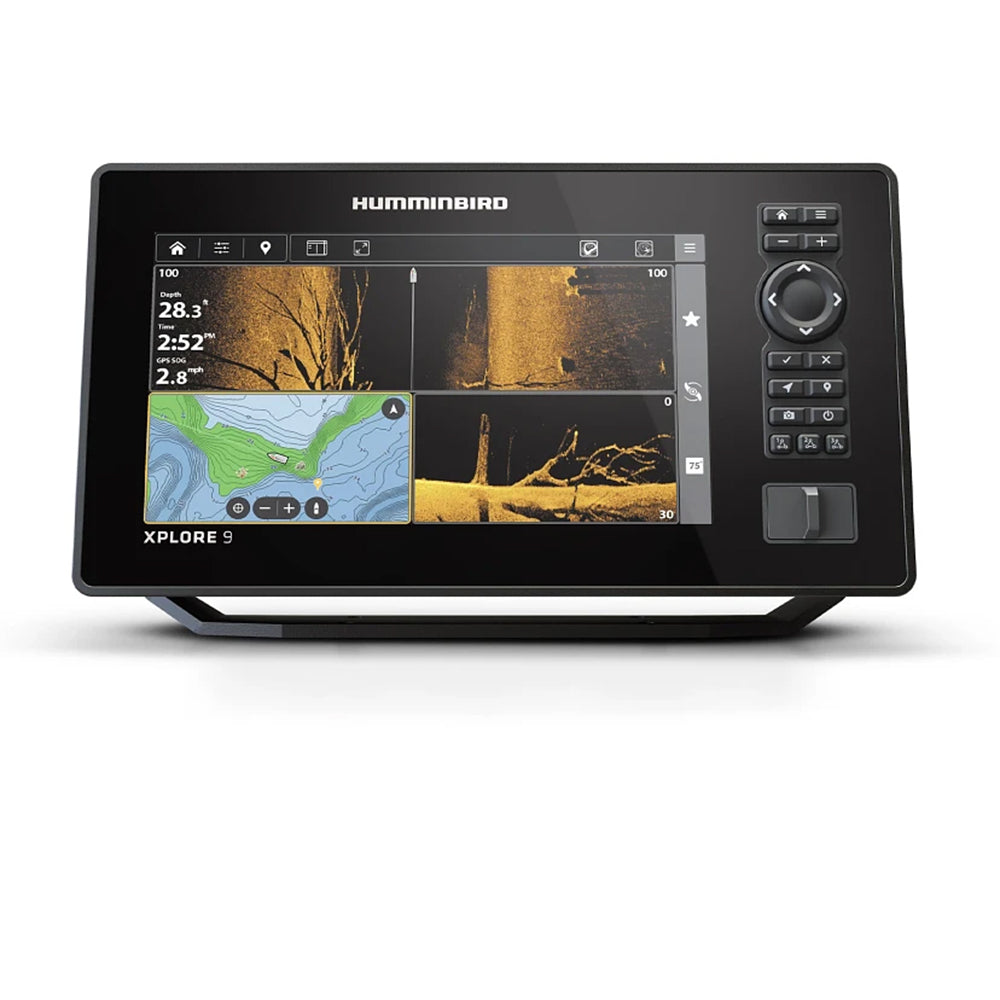 The Humminbird Xplore Fishfinders features a color display with MEGA Live 2 forward-facing sonar, water depth and temperature readings, plus an easy-to-use control pad and buttons on the right.