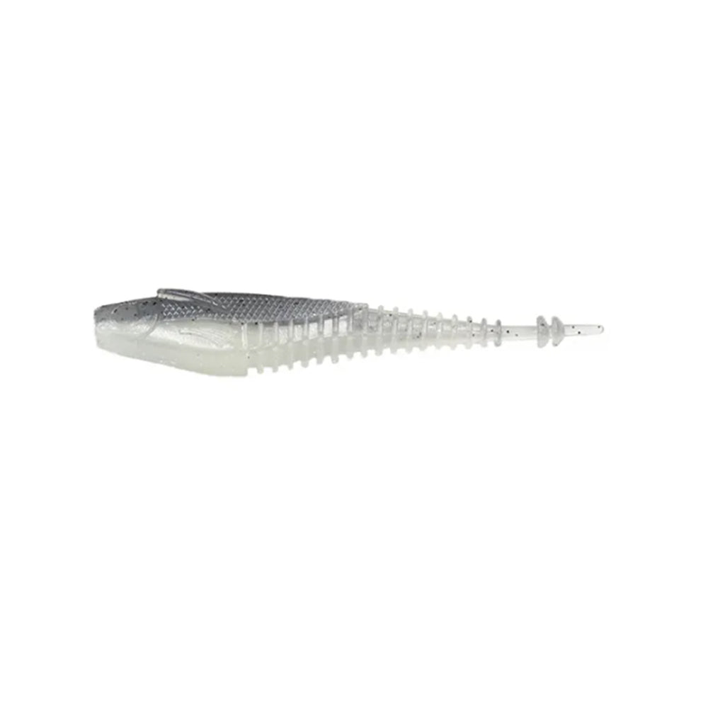 The Ignite Baits Nicotine Minnow is a soft plastic fishing lure shaped like a small fish, featuring a ribbed translucent white body with a darker gray back, shown against a plain white background.