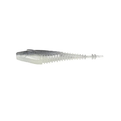 The Ignite Baits Nicotine Minnow is a soft plastic fishing lure shaped like a small fish, featuring a ribbed translucent white body with a darker gray back, shown against a plain white background.