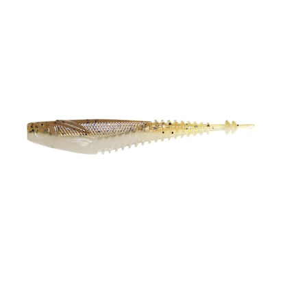 The Ignite Baits Nicotine Minnow is a soft plastic fishing lure shaped like a small fish, featuring a ribbed tail and translucent beige color with dark spots.