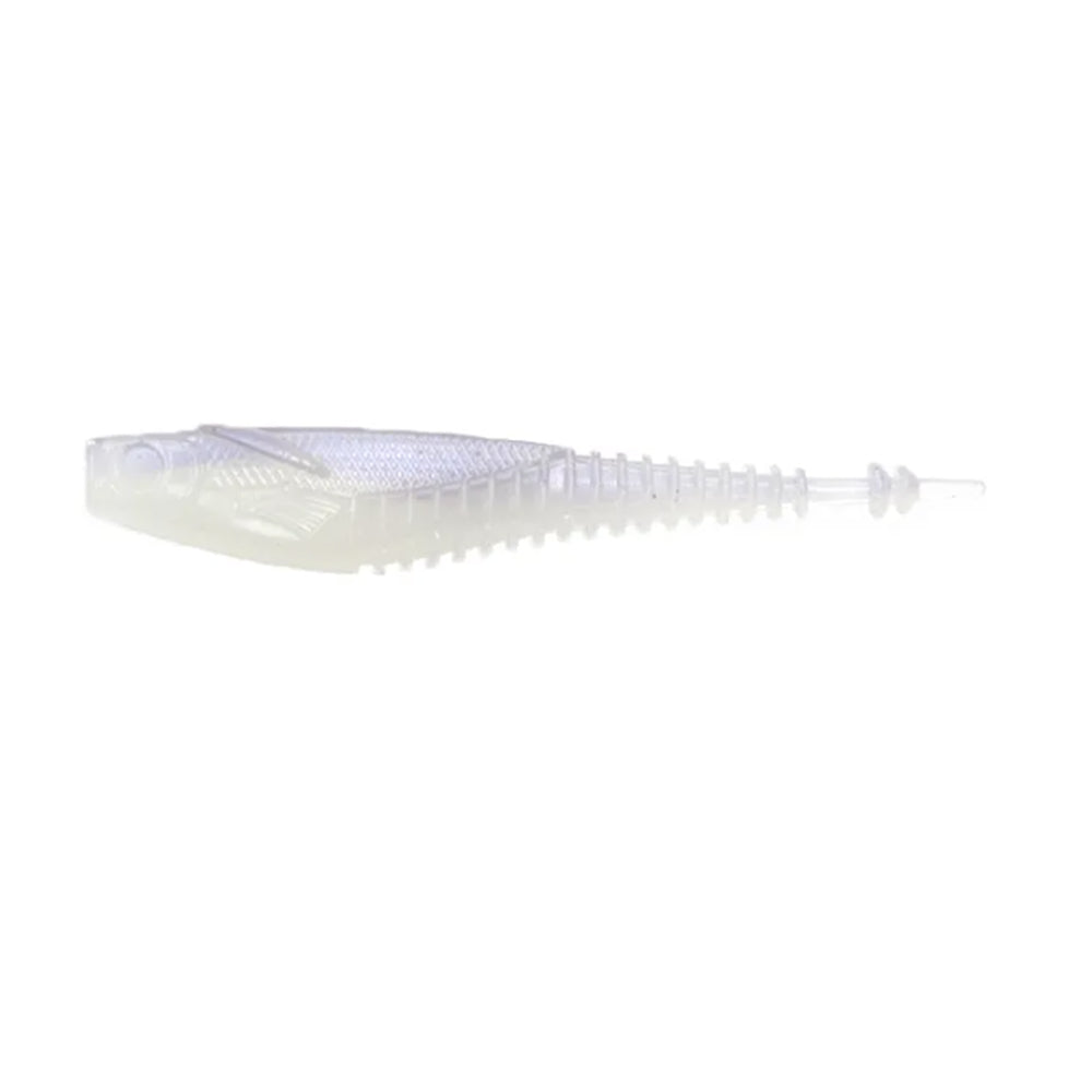 The Ignite Baits Nicotine Minnow is a translucent, soft plastic fishing lure shaped like a small fish with wings, ribbed body, and tapered tail for lifelike movement, shown against a white background.