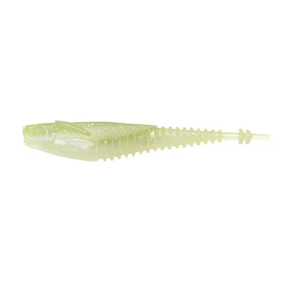 The Ignite Baits Nicotine Minnow is a soft plastic lure with a ribbed, winged body and pointed tail in pale yellow, designed to imitate a small fish.