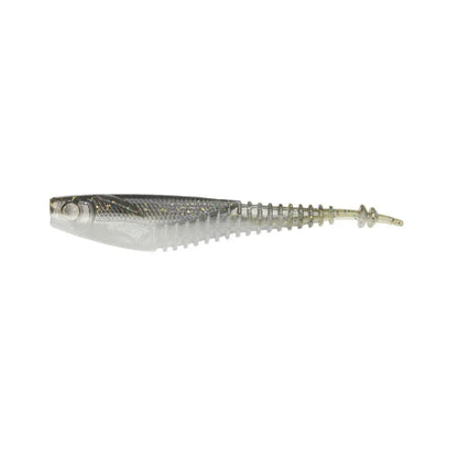 The Ignite Baits Nicotine Minnow is a translucent, fish-shaped soft plastic lure with a ribbed body and pointed tail in a winged minnow style, displayed against a white background.