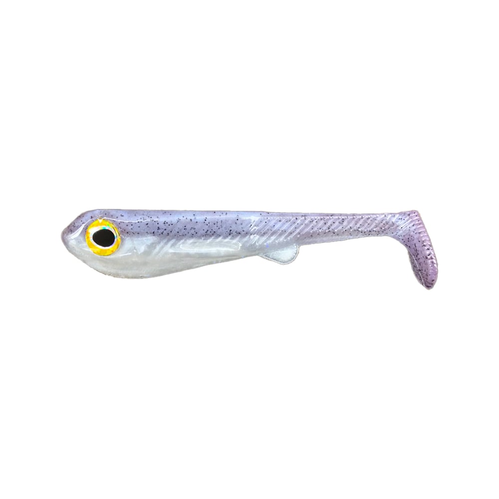 The Ignite Baits Hand Poured Swimbait by Ignite Baits is a soft plastic lure shaped like a small fish, featuring a silver-white body, purple speckled back, yellow and black eye, and paddle tail in custom colors. Midwest made. Displayed on white background.