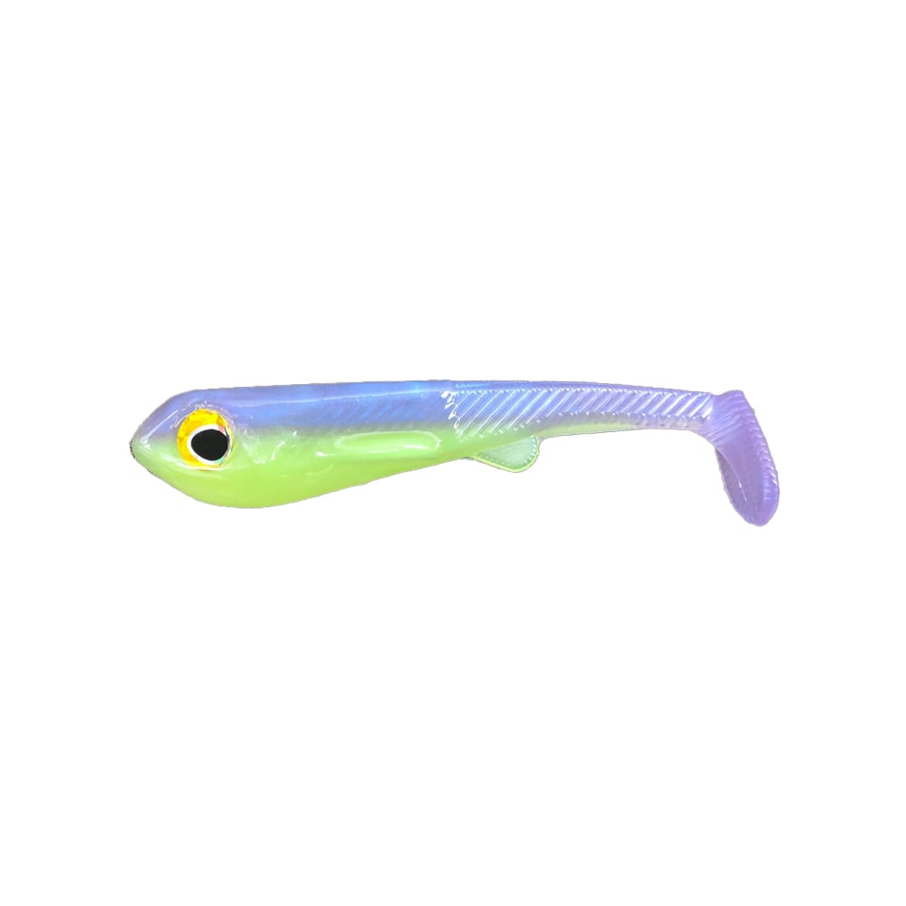The Ignite Baits Hand Poured Swimbait by Ignite Baits is a soft plastic lure shaped like a small fish, with Midwest-made custom blue and green body, yellow and black eye, purple tail, shown on a white background.